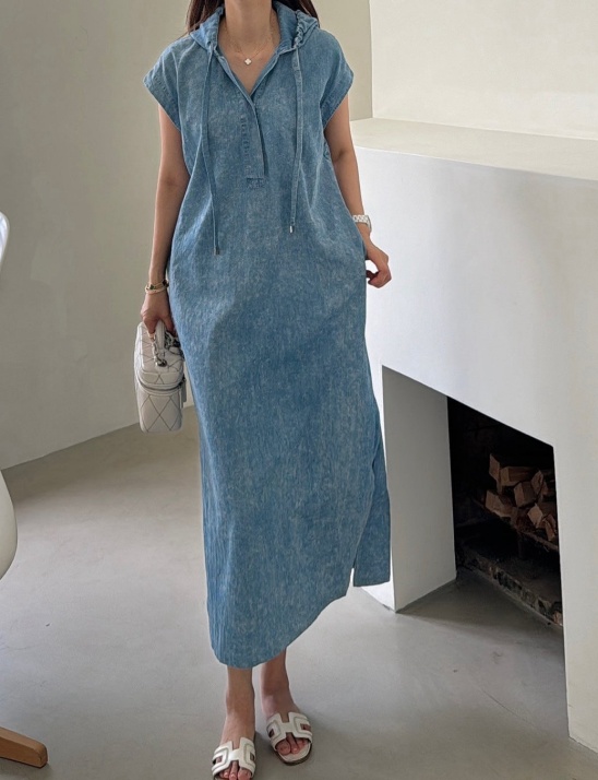 후드 데님 원피스